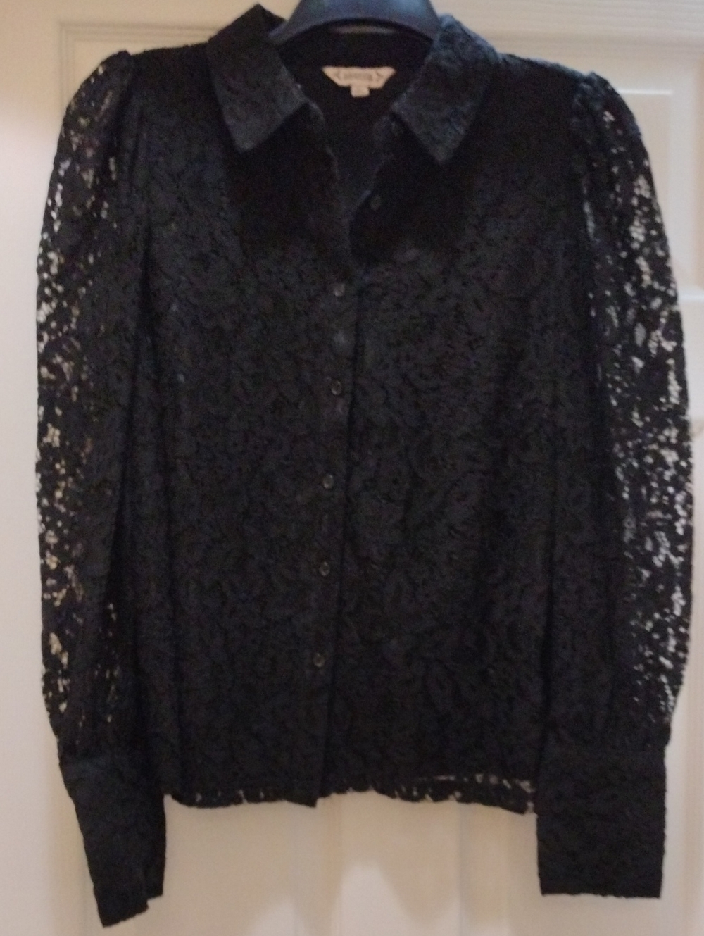 Nanette Lepore Black Blind Lace Button-Down Blouse With Puffy Sleeve  Shoulders